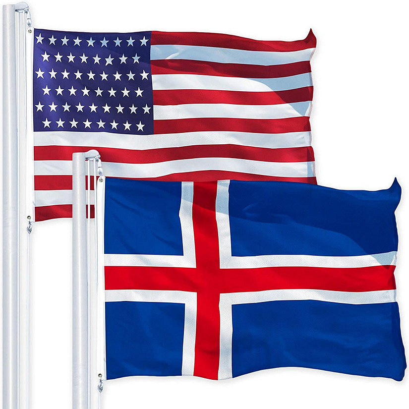 G128 Combo Pack USA American Flag 3x5 Ft 150D Printed Stars & Iceland Icelandic Flag 3x5 Ft 150D Printed Image
