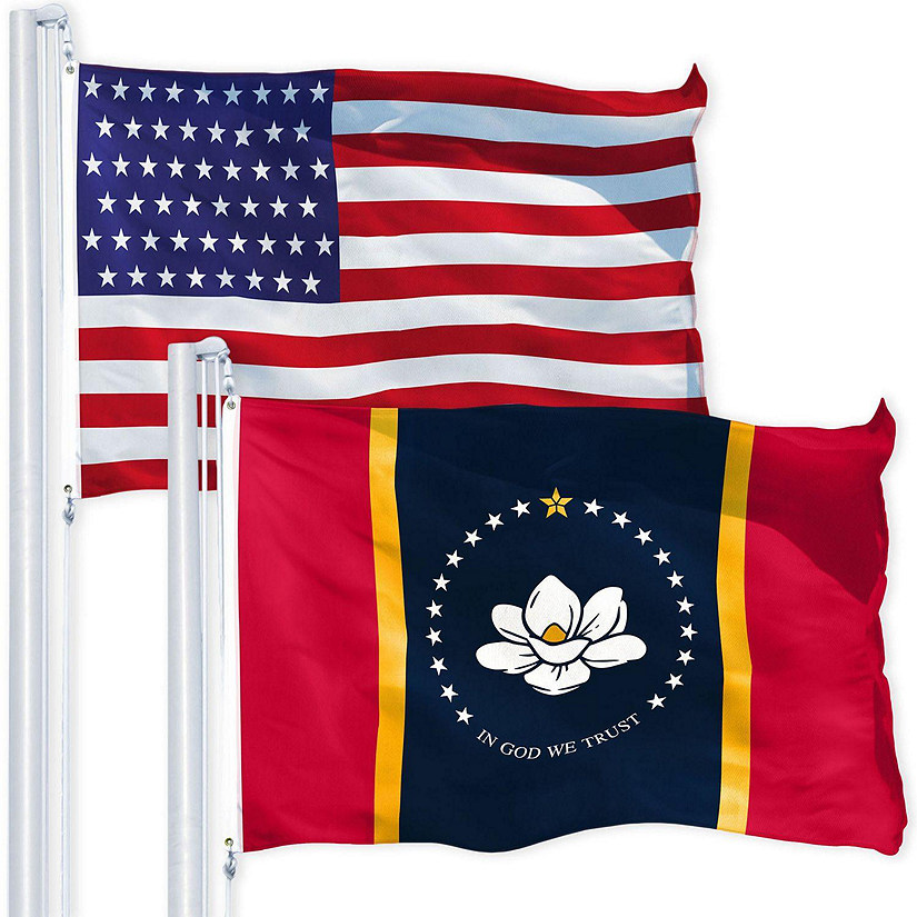 G128 Combo Pack USA American Flag 3x5 Ft 150D Printed Stars & Mississippi 2020 Version State Flag 3x5 Ft 150D Printed Image