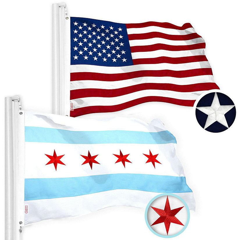 G128 - Combo Pack: USA American Flag and Chicago Flag 4x6 Ft Embroidered Spun Polyester, Indoor/Outdoor, Brass Grommets Image