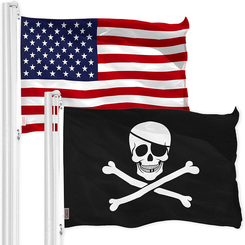 G128 - Combo Pack: USA American Flag and Pirate Jolly Roger Bones Flag 3x5 FT Printed 150D Polyester Image