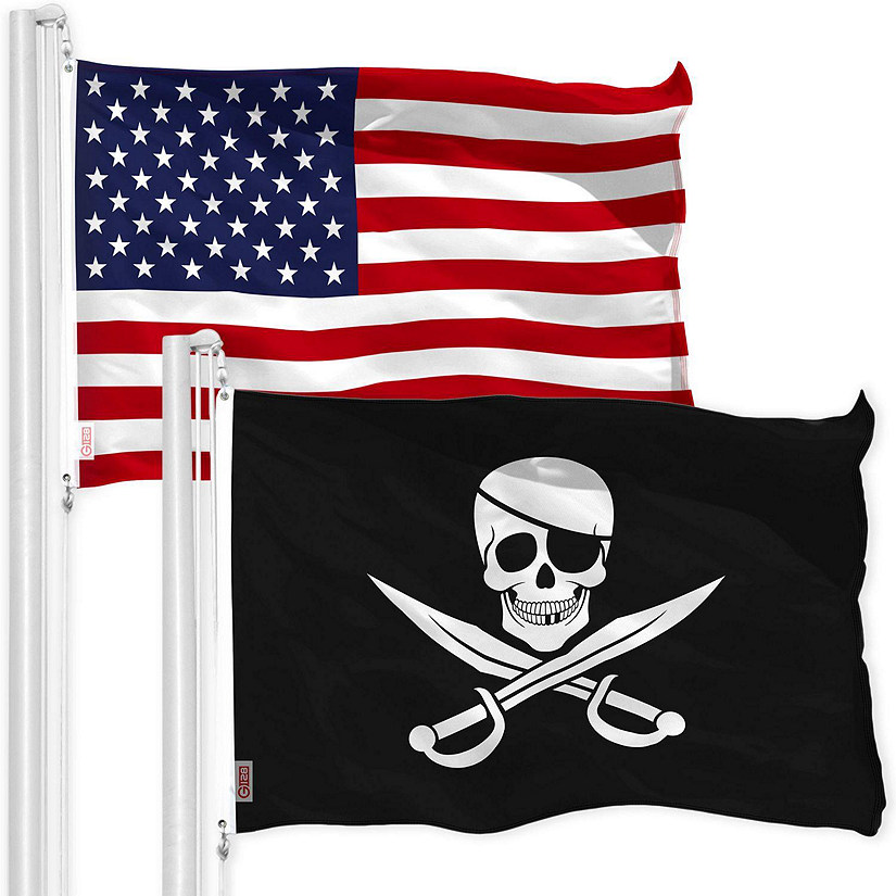 G128 - Combo Pack: USA American Flag and Pirate Jolly Roger Swords Flag 3x5 FT Printed 150D Polyester Image