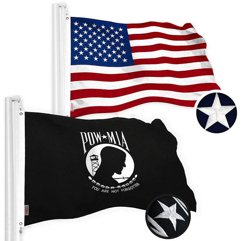 G128 - Combo Pack: USA American Flag and POW MIA 2x3 Ft Embroidered Spun Polyester, Indoor/Outdoor, Brass Grommets Image