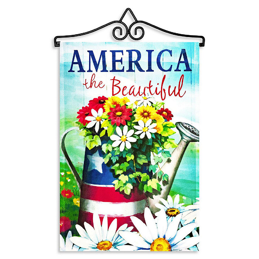 G128 Combo Set: Garden Flag Hanger AND Garden Flag America the Beautiful Spring Flowers Watering Can 12"x18" Image