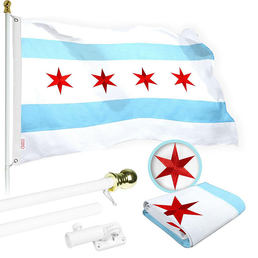 G128 - Flag Pole 5 FT White Tangle Free and Chicago Flag 2.5x4 FT Combo Embroidered Spun Polyester Image