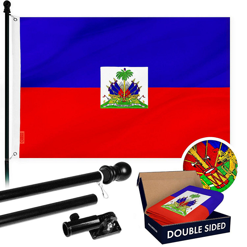 G128 - Flag Pole 6 FT Black Tangle Free and Haiti Haitian Flag 3x5 FT Combo Double Sided Embroidered 300D Polyester Image