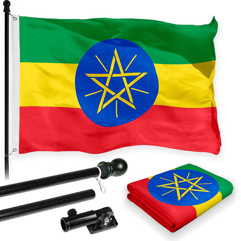 G128 - Flag Pole 6FT Black Tangle Free and Ethiopia Ethiopian Flag 3x5FT Combo Printed 150D Polyester Image