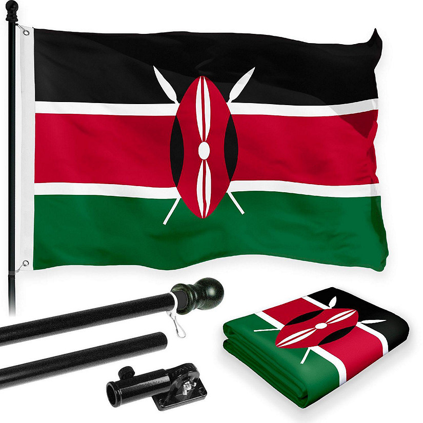 G128 - Flag Pole 6FT Black Tangle Free and Kenya Kenyan Flag 3x5FT Combo Printed 150D Polyester Image