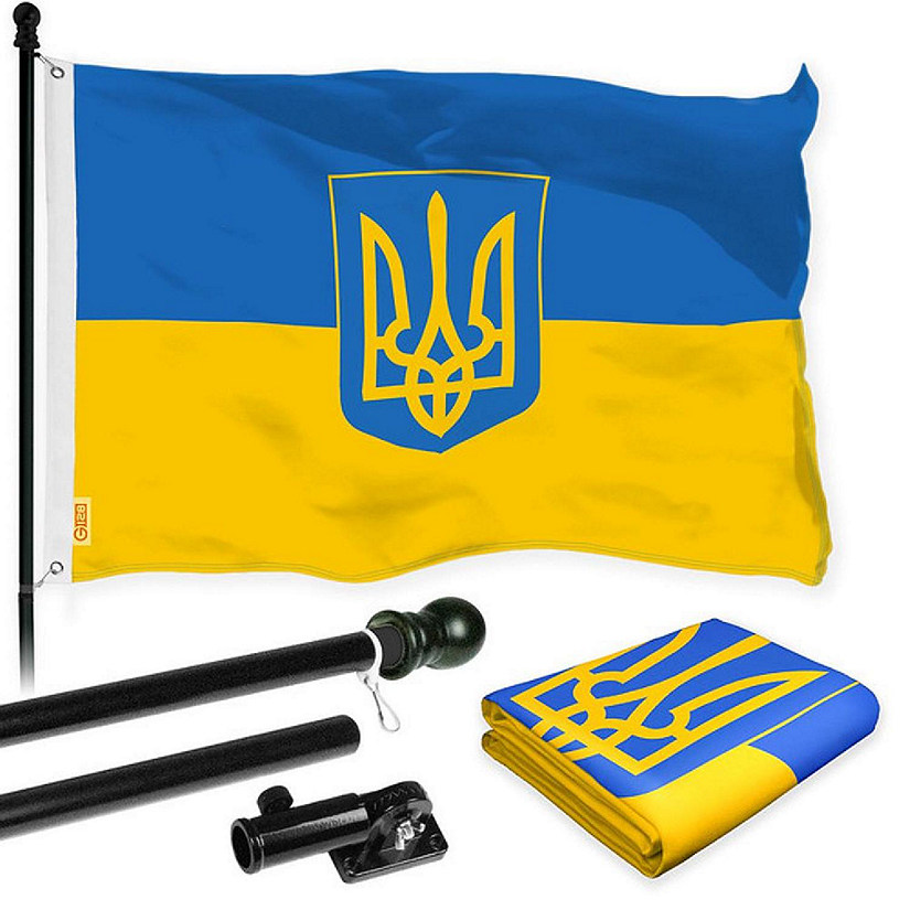 G128 Flag Pole 6FT Black Tangle Free & Ukraine Ukrainian Coat of Arms Flag 3x5FT Combo Printed 150D Polyester Image