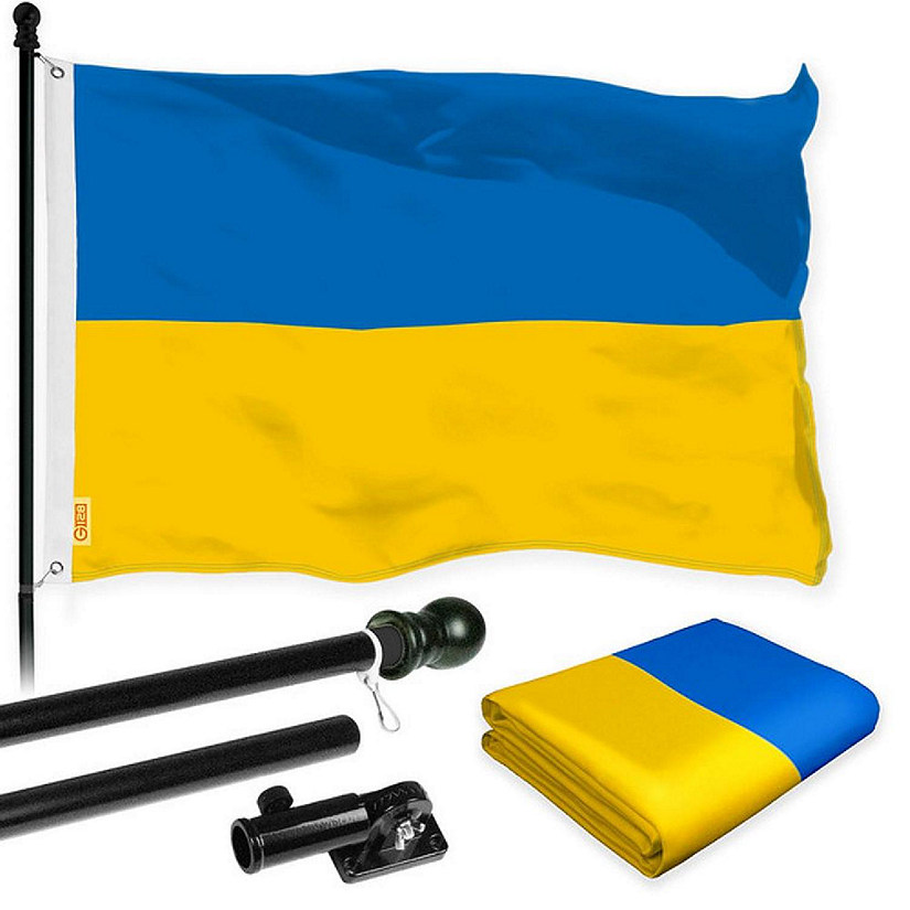 G128 Flag Pole 6FT Black Tangle Free & Ukraine Ukrainian Flag 3x5FT Combo Printed 150D Polyester Image