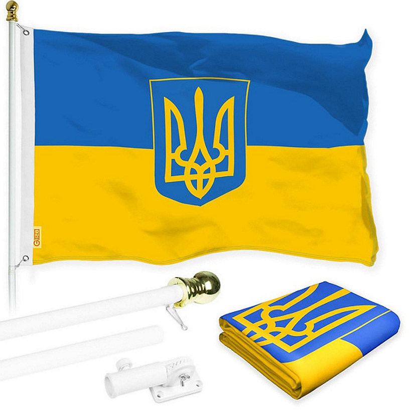 G128 Flag Pole 6FT Silver Tangle Free & Ukraine Ukrainian Coat of Arms Flag 3x5FT Combo Printed 150D Polyester Image