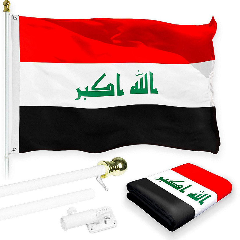 G128 - Flag Pole 6FT White Tangle Free and Iraq Iraqi Flag 3x5FT Combo Printed 150D Polyester Image