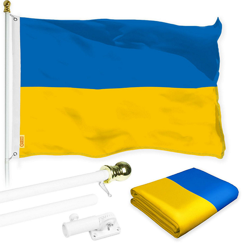 G128 Flag Pole 6FT White Tangle Free & Ukraine Ukrainian Flag 3x5FT Combo Printed 150D Polyester Image