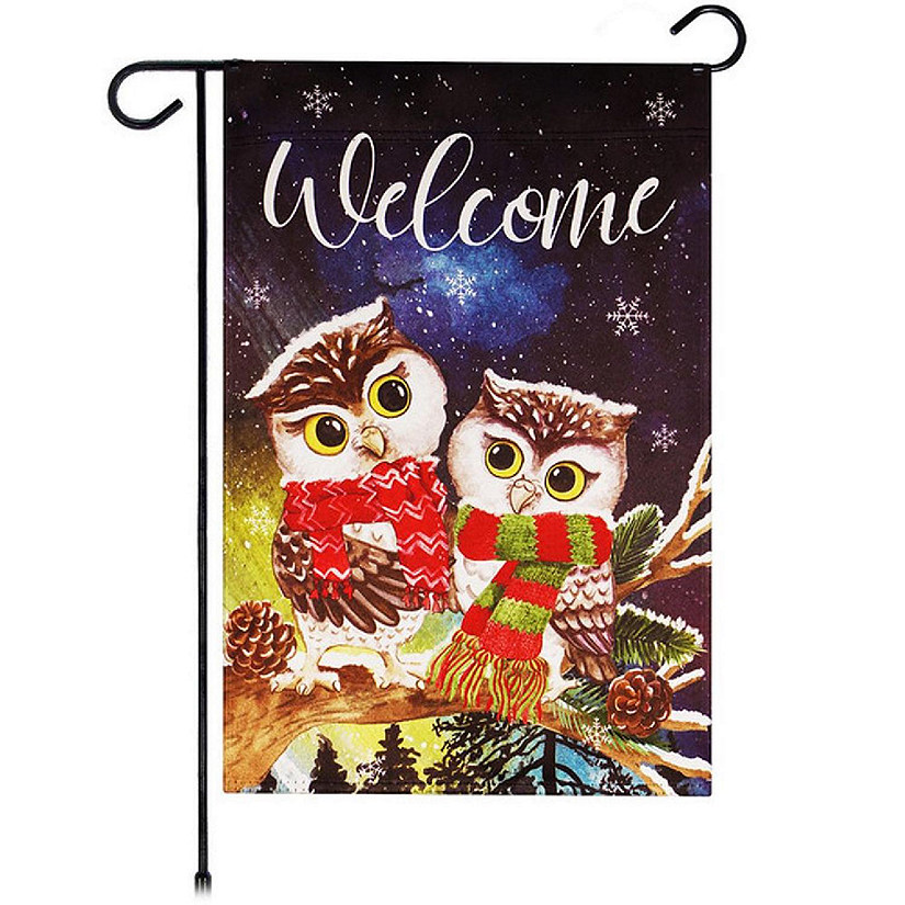 G128 - Garden Flag Christmas Decoration Welcome Cozy Owls with Scarves 12"x18" Image