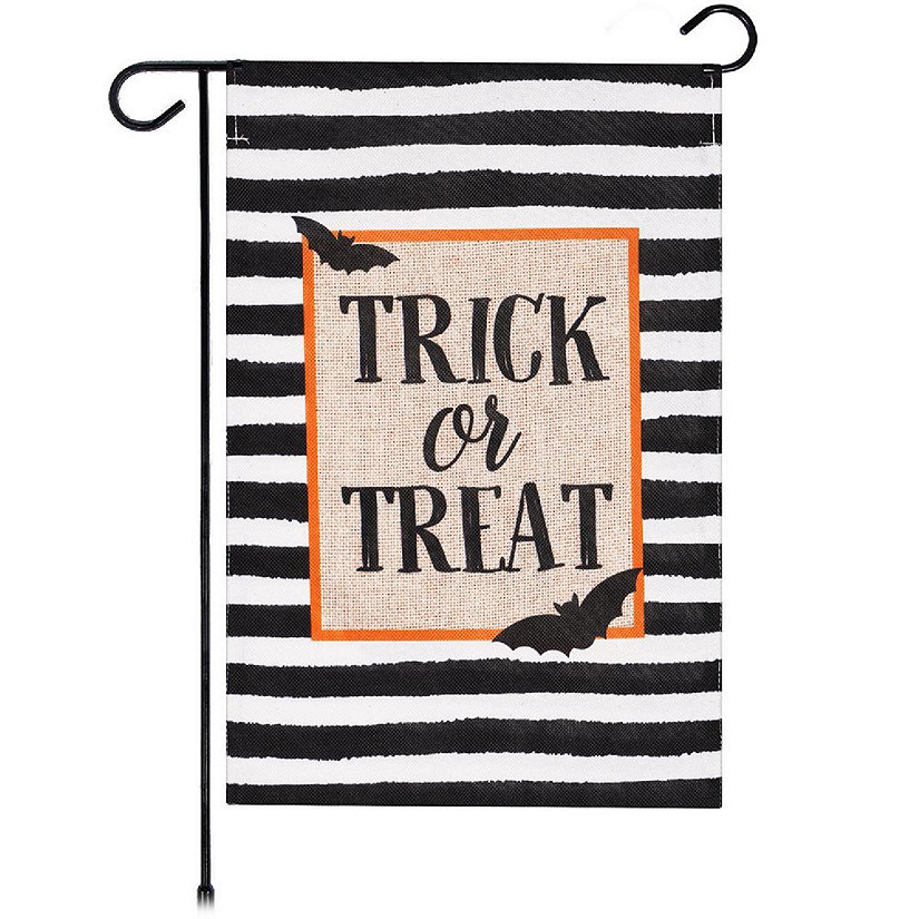 G128 - Garden Flag Halloween Decoration Trick or Treat Bats and Black and White Stripes 12"x18" Burlap Polyester Image