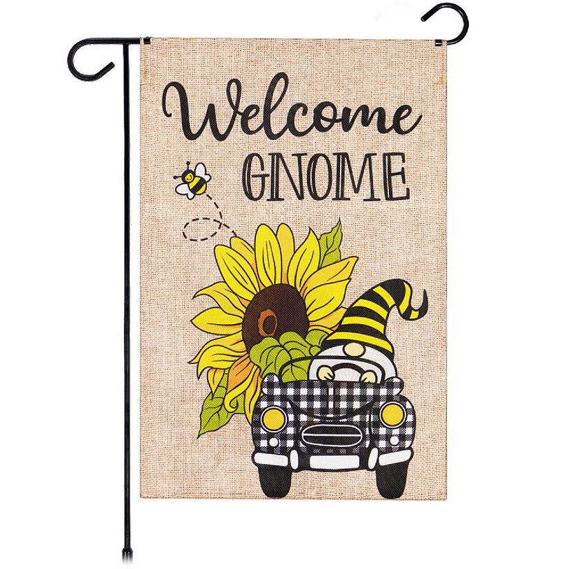 G128 - Garden Flag Welcome Gnome Sunflower Car 12"x18" Burlap Polyester Image