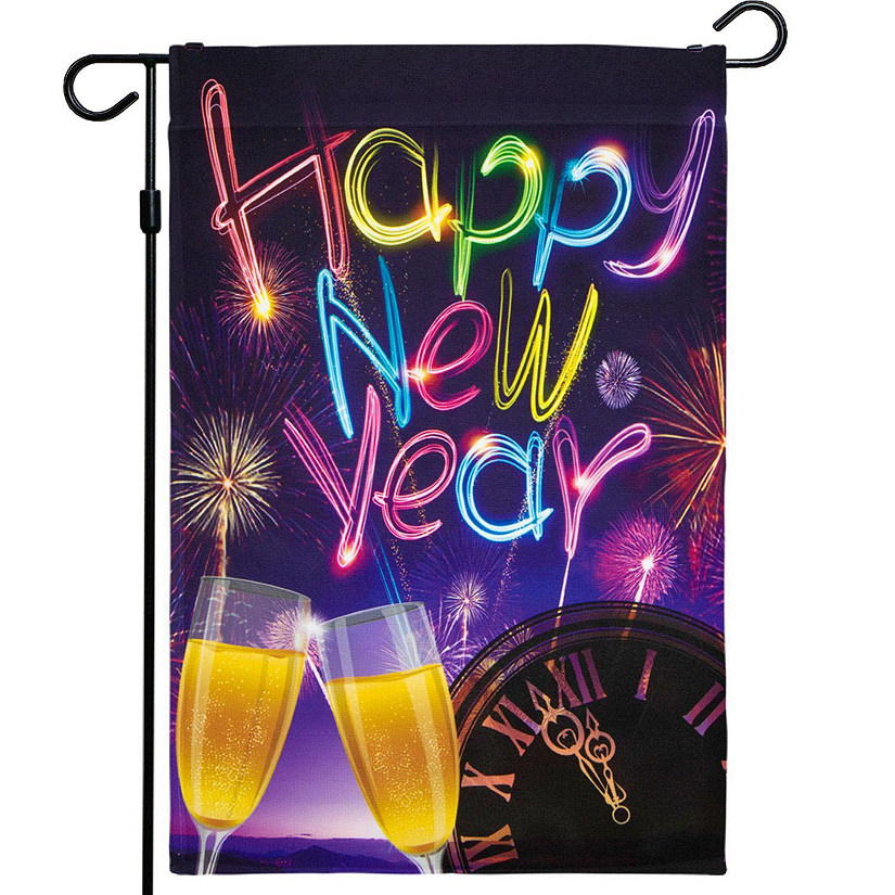 G128 Happy New Year Garden Flag Fireworks Champagne 12 x 18 Inch Image