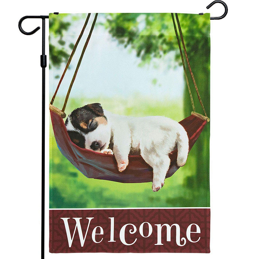 G128  Home Decorative Garden Flag Decorated with Sleeping Puppy and Welcome Quote 12 x 18 Inch Image