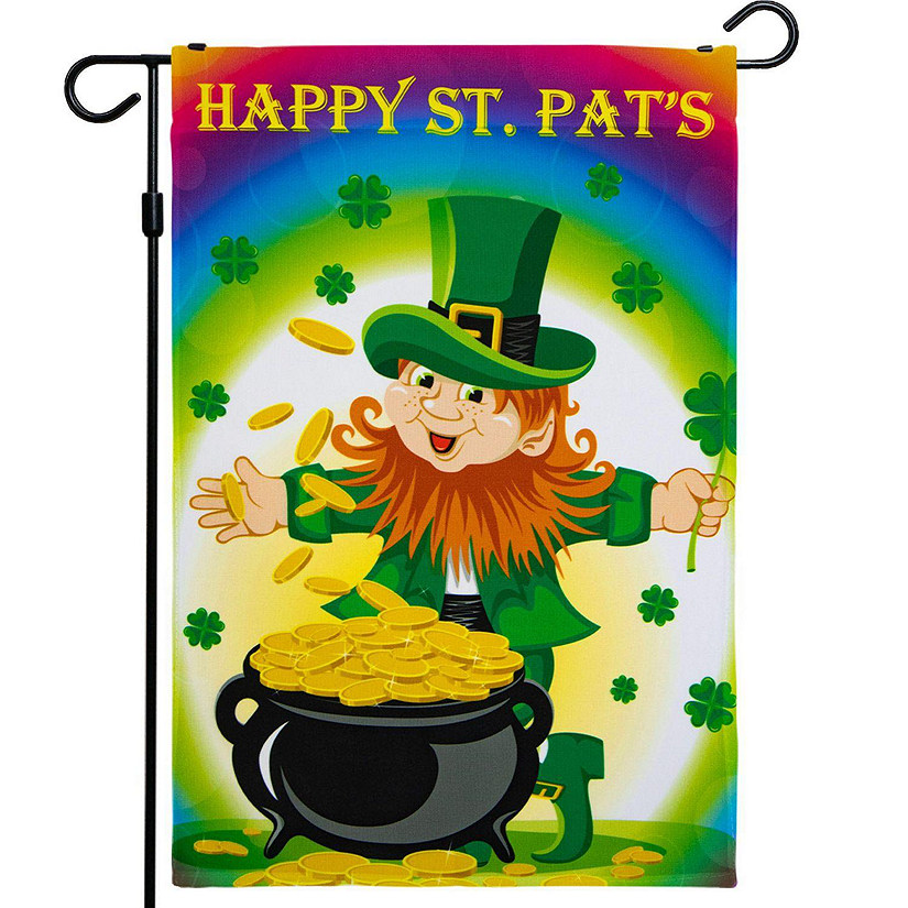 G128  St Patrick's Day Garden Flag, St Patrick's Themed Decorations  Leprechaun with Pot of Gold, Rustic Holiday Seasonal Outdoor Flag 12 x 18 Inch Image