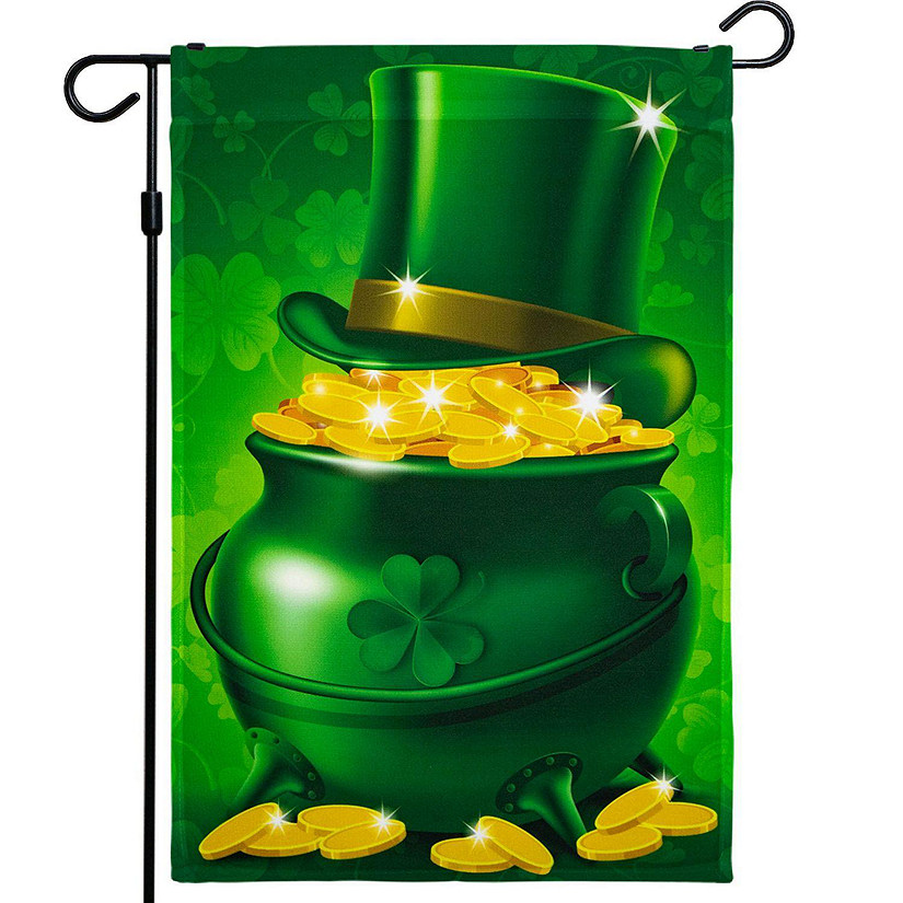 G128  St Patrick's Day Garden Flag, St Patrick's Themed Decorations  Pot of Gold and Hat, Rustic Holiday Seasonal Outdoor Flag 12 x 18 Inch Image