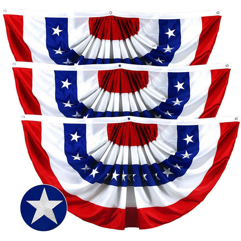 G128 - USA Pleated Fan Flag Bunting 2x4FT 3 Pack Embroidered Polyester Image