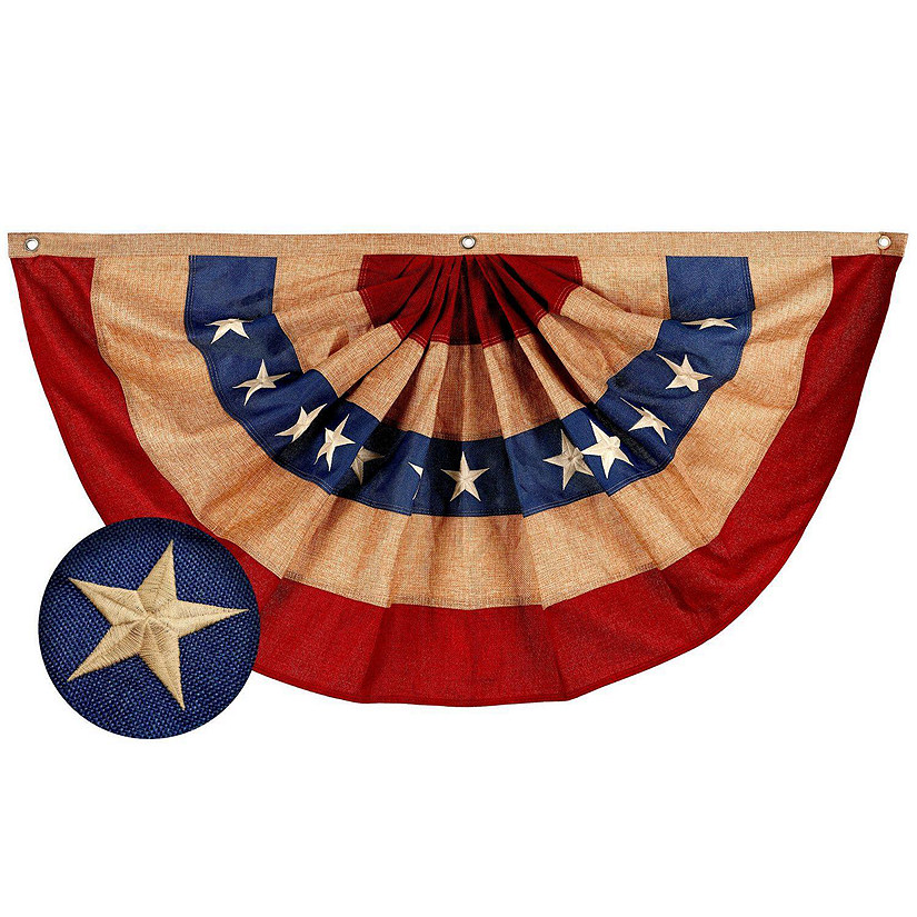 G128 - USA Tea Stained Pleated Fan Flag Bunting 2x4FT Burlap Embroidered Polyester  Image