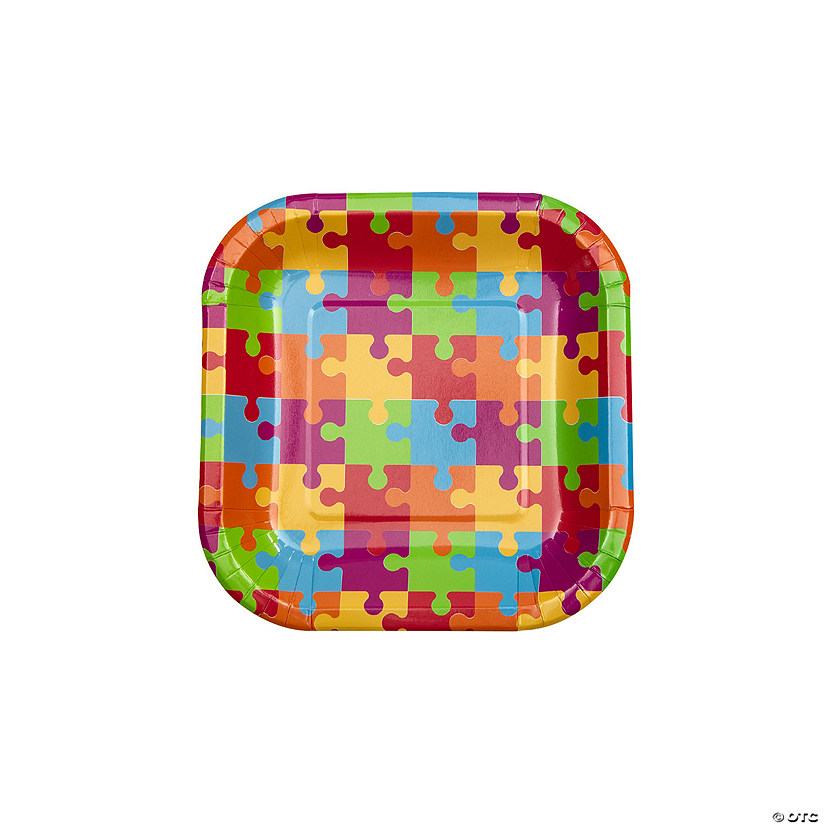 Game Night Colorful Puzzle Pieces Square Paper Dessert Plates - 8 Ct. Image