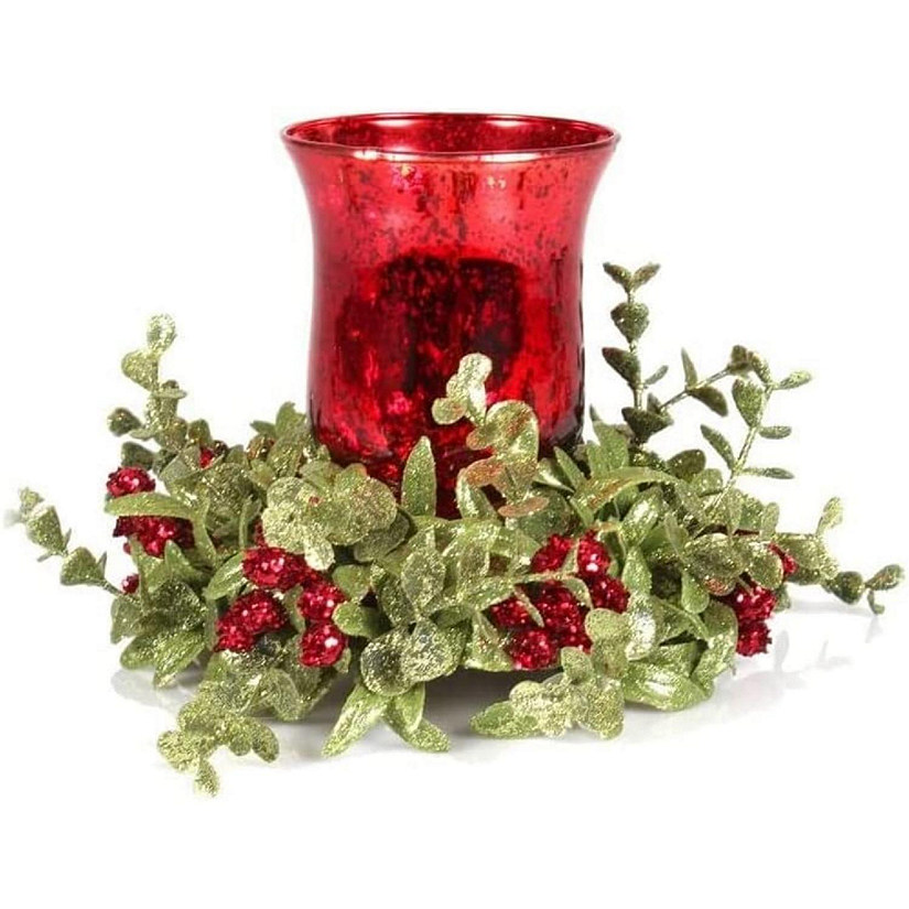 Ganz Kissing Krystals Small Mecury Glass Hurrican Tea Light Candle Holder and Mistletoe Set , Red Image