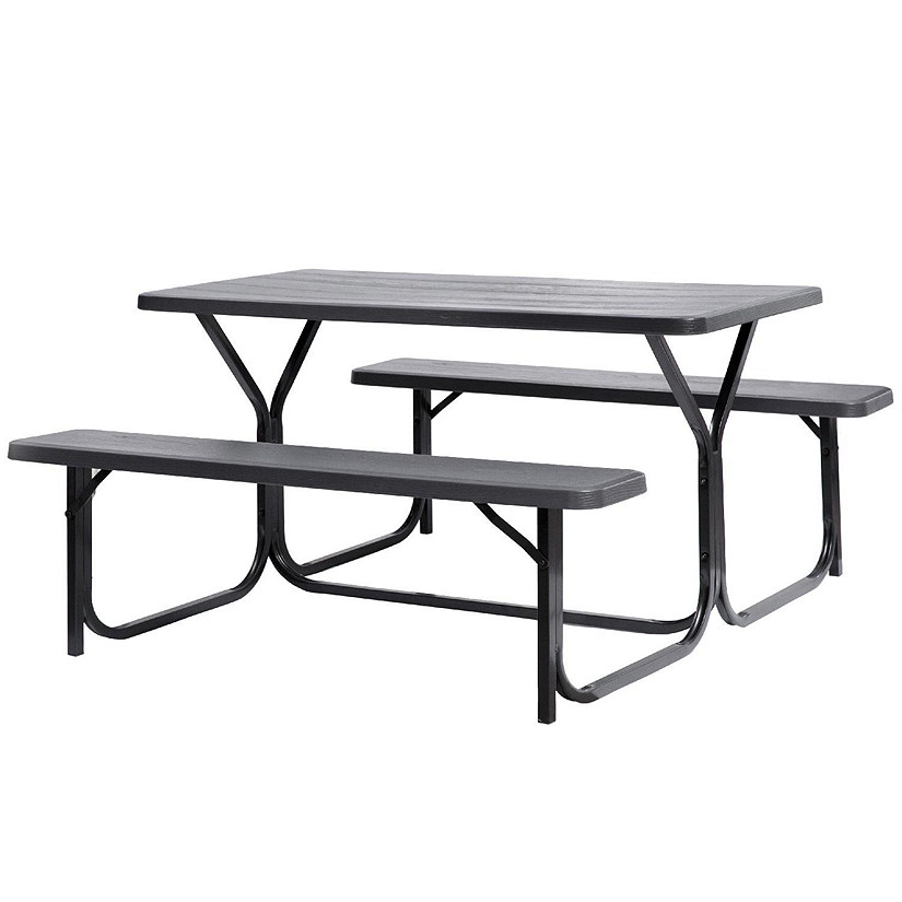 Gardenised Outdoor Woodgrain Picnic Table Set with Metal Frame, Gray Image