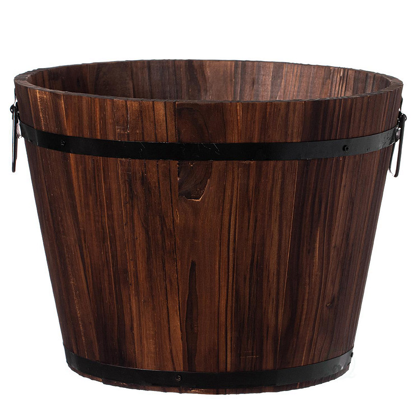 Gardenised Rustic Wooden Whiskey Barrel Planter with Durable Medal Handles and Drainage Hole - Perfect for Indoor and Outdoor Plants, Medium Image