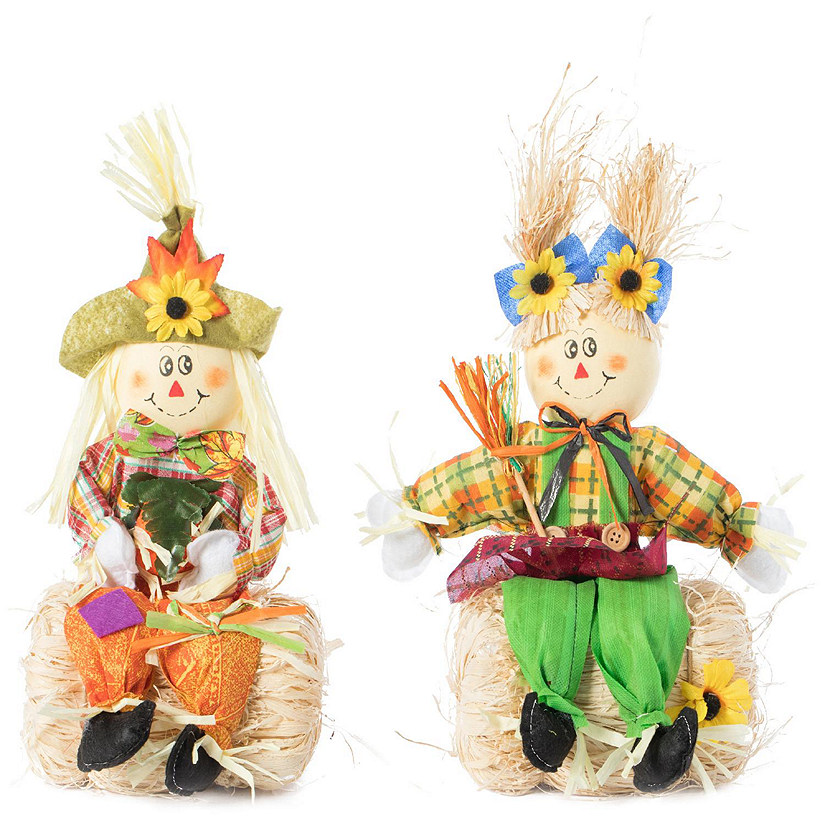 Gardenised Scarecrow Boy and Girl Set Sitting on a Hay Bale Image