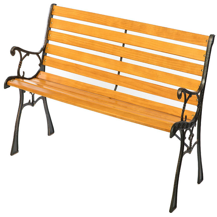 Gardenised Wooden Outdoor Park Patio Garden Yard Bench with Designed Steel Armrest and Legs Image