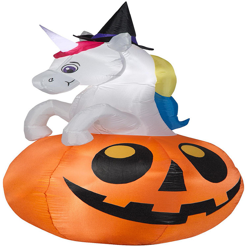 Gemmy Airblown Unicorn with Colorchanging Horn out of Pumpkin Scene (RGB)  5 ft Tall  Multicolored Image