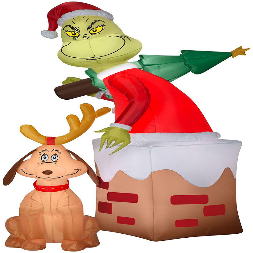 Gemmy Christmas Airblown Inflatable Grinch in Chimney with Max Scene Dr. Seuss  5.5 ft Tall Image
