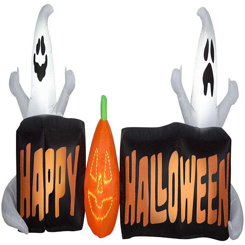 Gemmy Lightshow Airblown Micro Lights Sign Happy Halloween with Ghosts and JOL Scene (White)  3 ft Tall Image