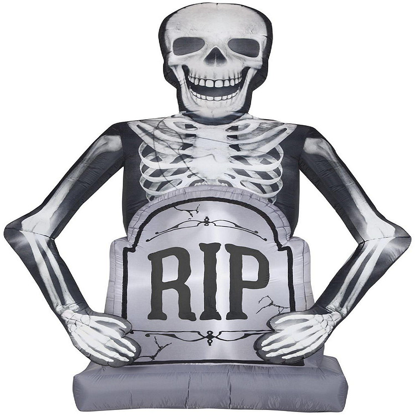 Gemmy Photorealistic Airblown Skeleton with Tombstone Giant  10 ft Tall  Multicolored Image