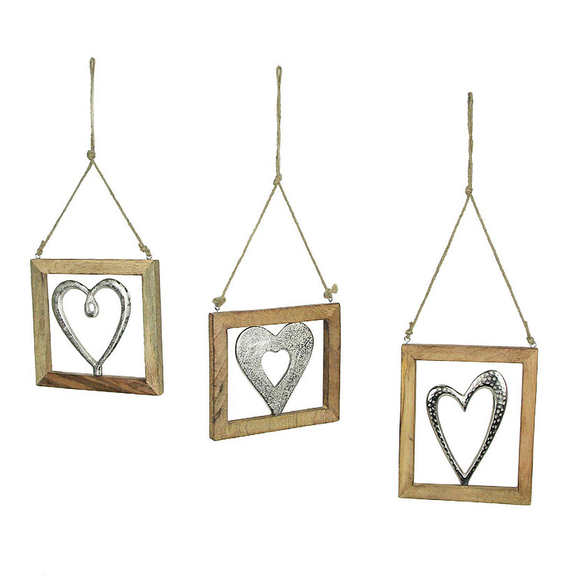 Gerson Set of 3 Wood Framed Open Work Metal Heart Wall D&#233;cor Hangings W/ Rope Hangers Image