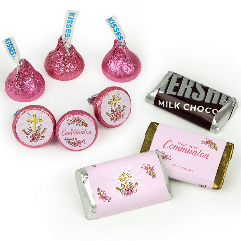 Girl 1st Holy Communion Candy Party Favors (Approx. 100 Pcs Milk Chocolate Hershey's Kisses & 40 Pcs Wrapped Miniatures) - Pink Image