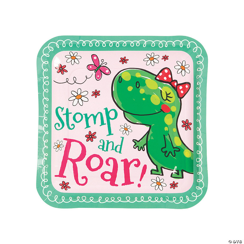 Girl Dinosaur Party Stomp and Roar Paper Dinner Plates - 8 Ct. Image