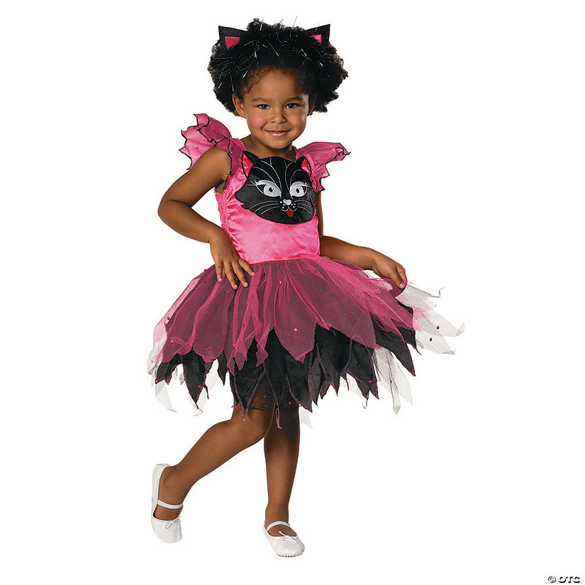 A little girl wearing a pre-made black and pink kitty cat costume with matching ears and belt.