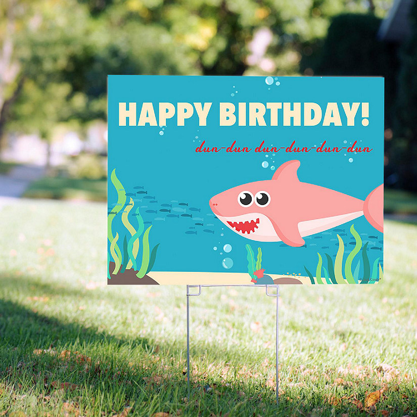 Girl Shark Birthday Party Yard Signs (18" x 24") Pink Kid's Party Decorations - Stakes Included Image