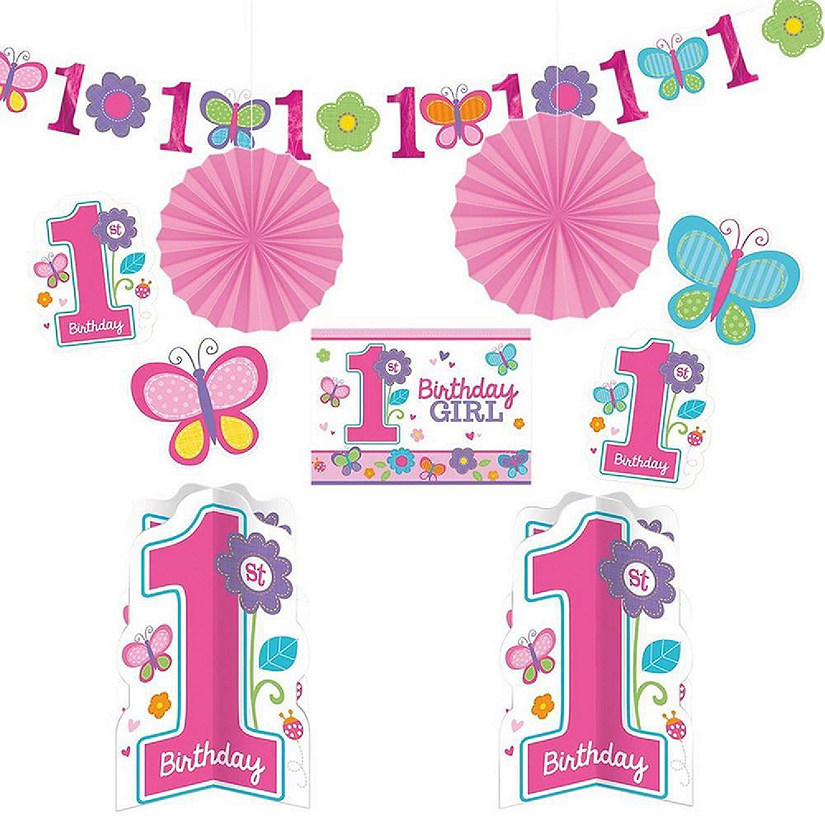 Girl's 1st Birthday Party 8 Piece Decorating Kit Flowers and Butterflies Decor Amscan Image