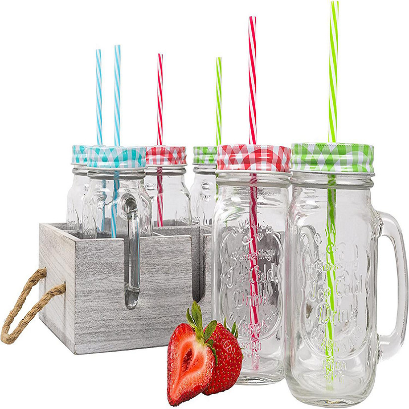 Glass Mason Jar Drinking Mugs w/ Handles & Reusable Colorful Straws (6  pack, 16 oz each) Includes Wooden Tray for easy Transportation - Indoor  Outdoor