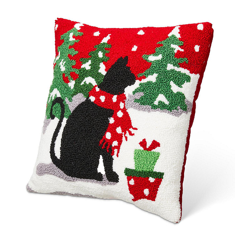 Glitzhome 14"L Hooked Christmas Cat Pillow Image
