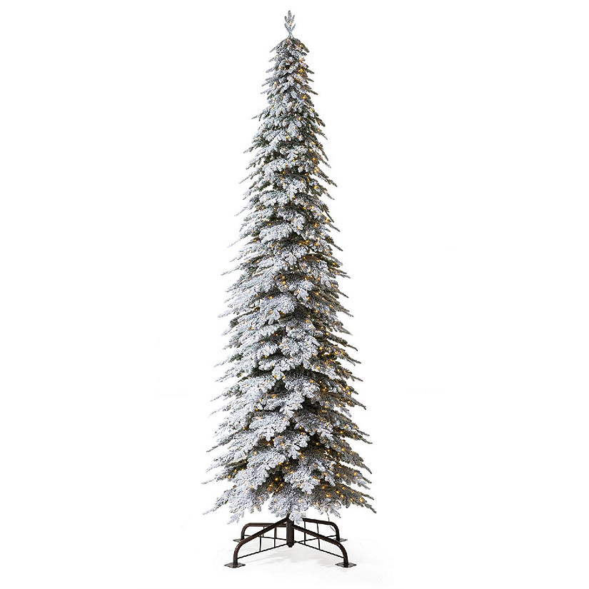 Glitzhome 15ft Pre-Lit Flocked Pencil Spruce Artificial Christmas Tree with 1400 Warm White Lights,3 Function Simple Setup Image