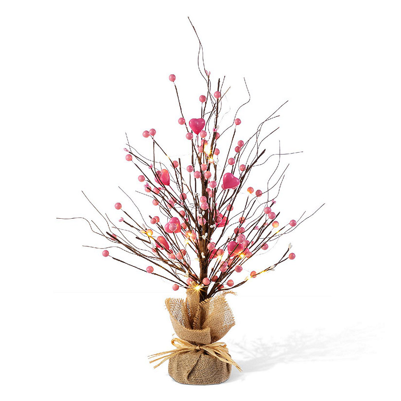 Glitzhome 20"H Lighted Valentine's Pink Berry Heart Table Tree Image