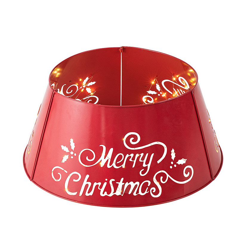 Glitzhome 26"D "Merry Christmas" Diecut Metal Tree Collar with Light String(KD) Image