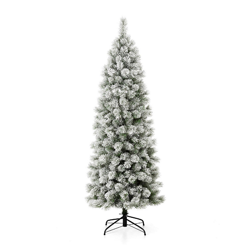 Glitzhome 7.5ft Pre-Lit Flocked Pencil Pine Artificial Christmas Tree with 350 Warm White Lights, 3 function Image