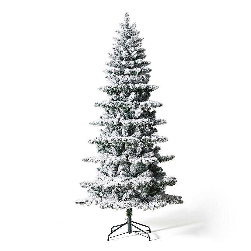 Glitzhome 7.5ft Pre-Lit Flocked Slim Spruce Artificial Christmas Tree with 320 Warm White Lights,3 Function Image
