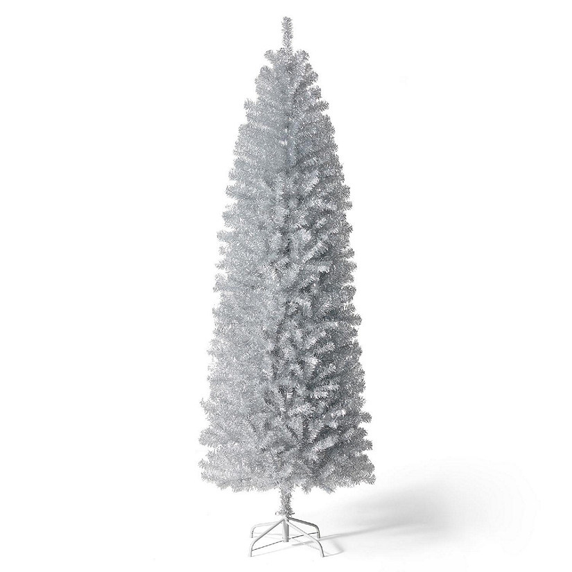 Glitzhome 7.5ft Silver Pencil Tinsel Artificial Christmas Tree Image