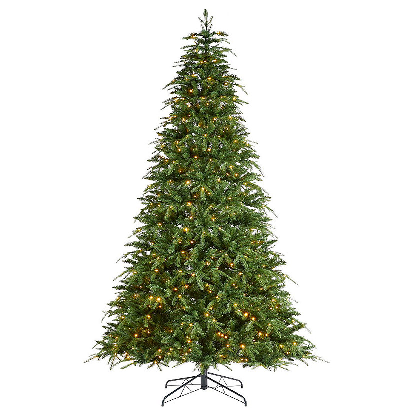 Glitzhome 9ft Pre-Lit Green Slim Fir Artificial Christmas Tree with 650 Warm White/Multi-color LED Lights, 9 Function, w/Remote Control, Simple Setup Image